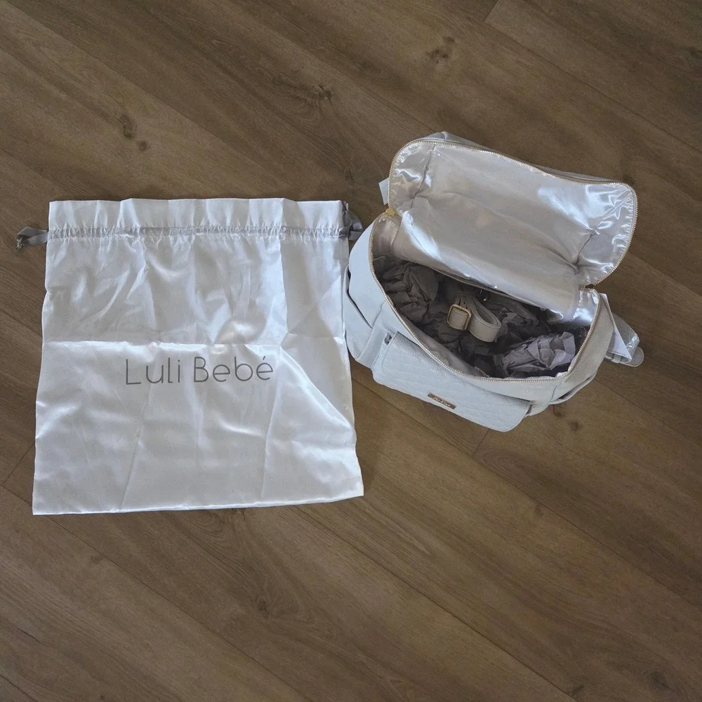 Luli Bebe Monaco Diaper Bag Stone‎ Gray Vegan Leather Backpack Gold Hardware NEW